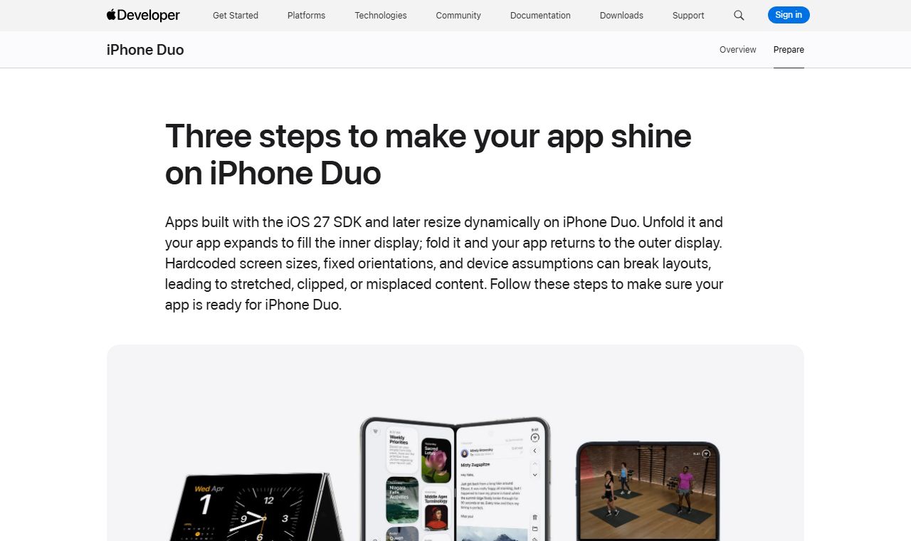 Stránka Prepare na webu Apple Developer s nadpisem Three steps to make your app shine on iPhone Duo a vyobrazením telefonu ve třech polohách