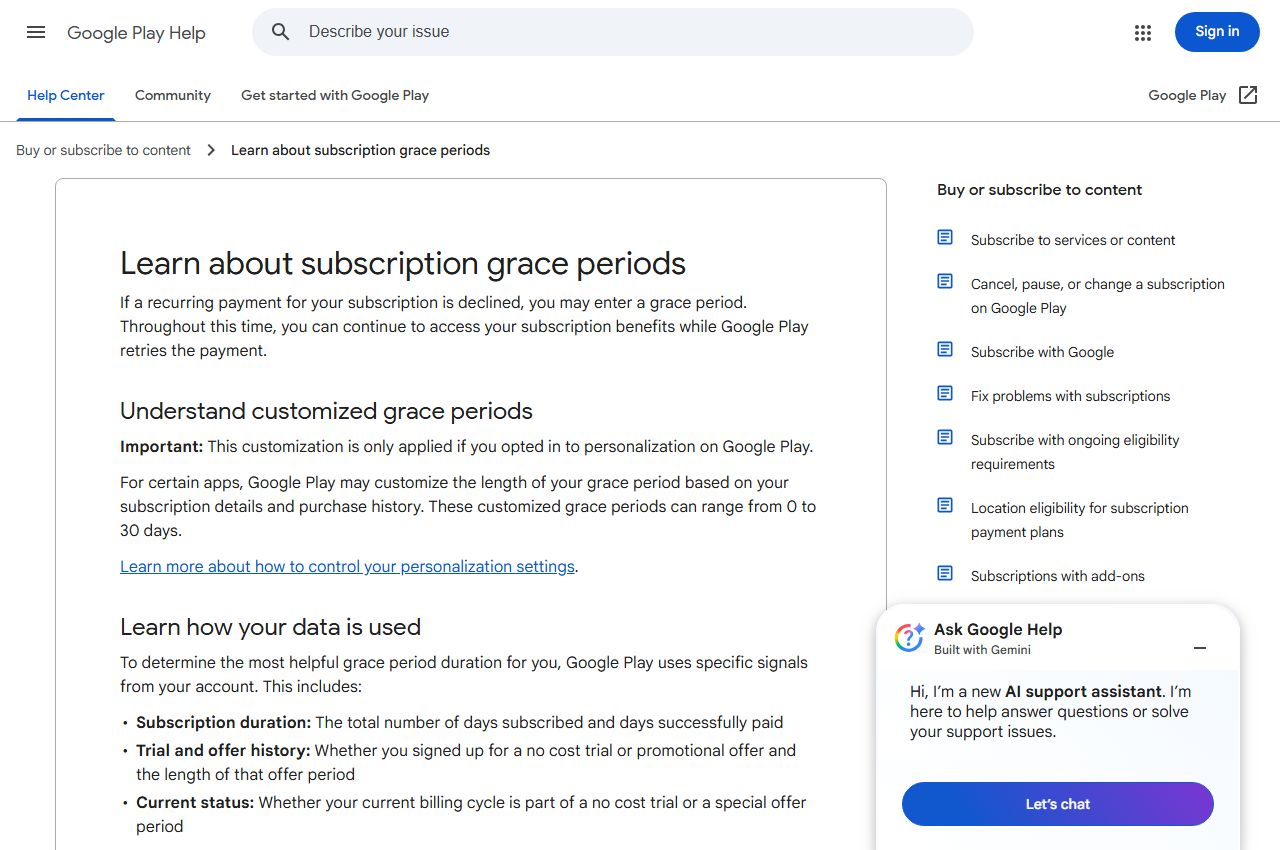 Stránka nápovědy Google Play o odkladu při neuhrazené platbě