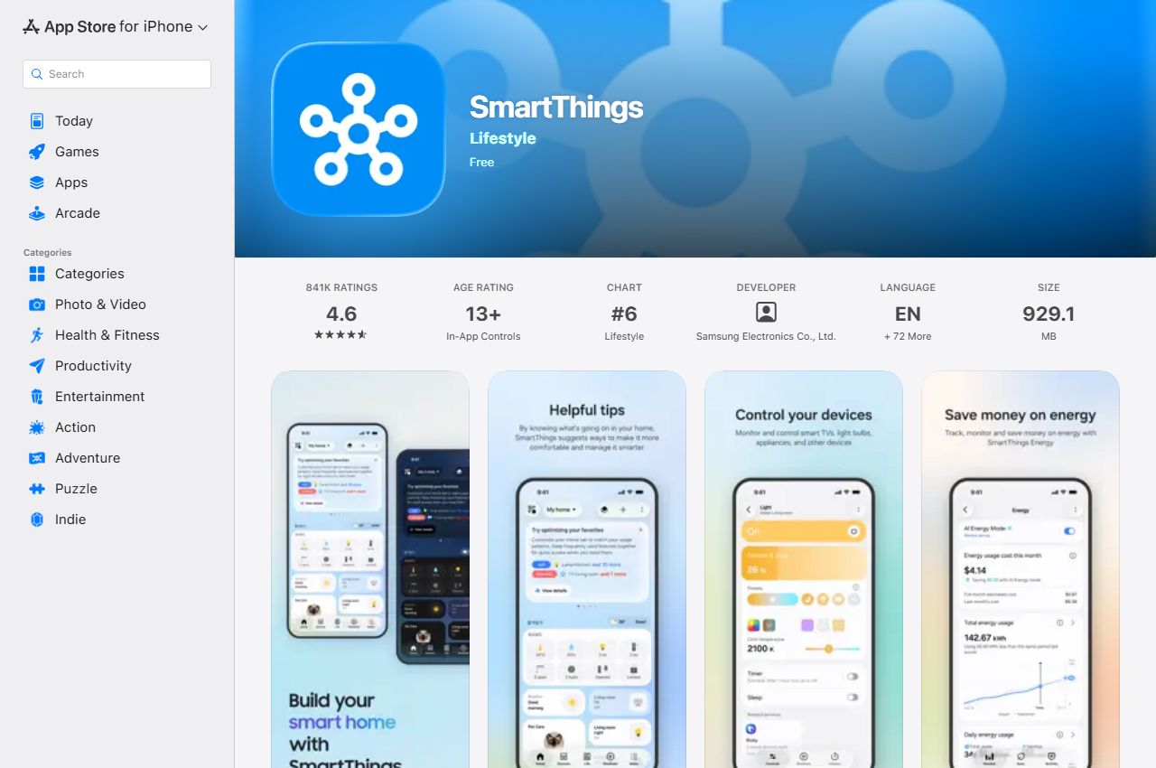 Stránka aplikace SmartThings v App Storu, pod hlavičkou jsou čtyři snímky obrazovky telefonu