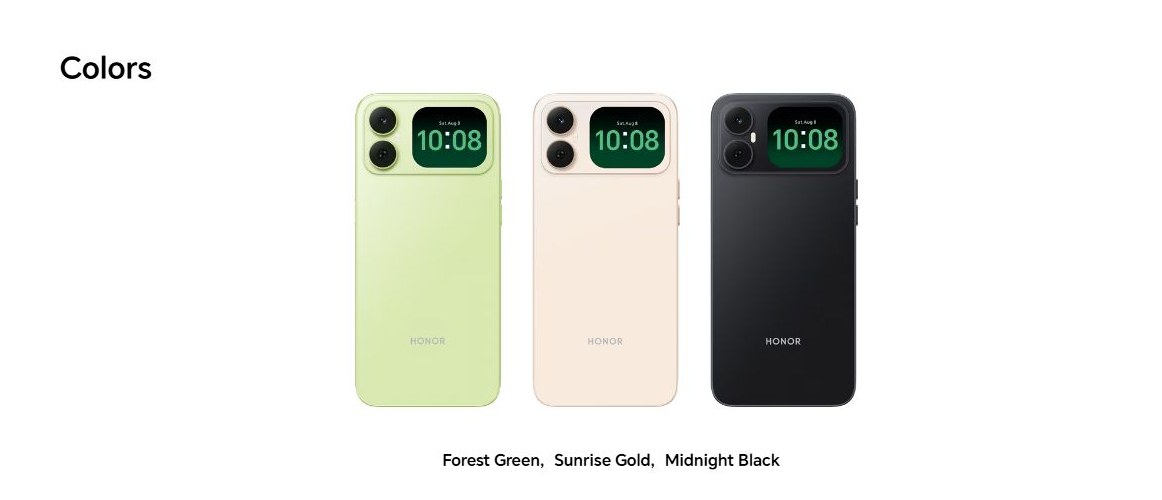 Tři barevné verze telefonu Honor Play20C zezadu, u fotoaparátu malá obrazovka s hodinami