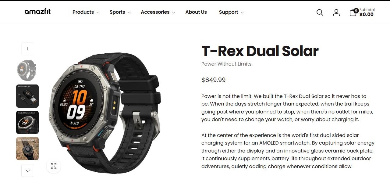 Produktová stránka hodinek Amazfit T-Rex Dual Solar s fotkou přístroje a cenou