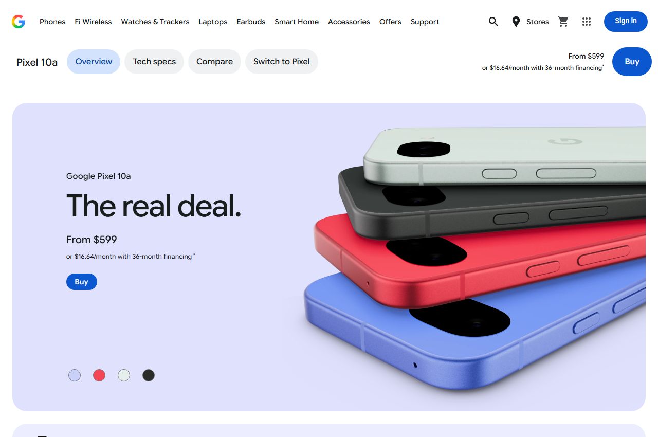 Stránka Pixelu 10a v obchodě Google s údajem From $599