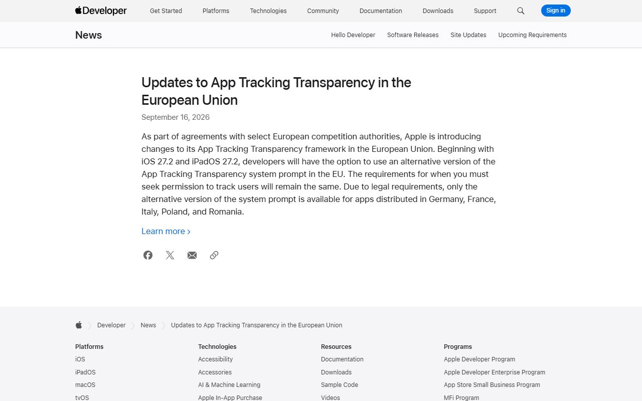 Oznámení Applu pro vývojáře o změnách App Tracking Transparency v Evropské unii