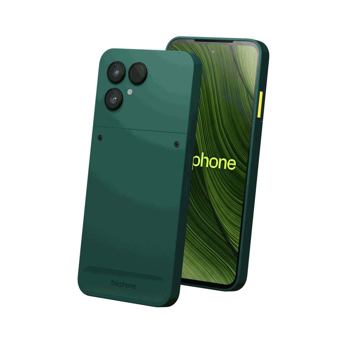 Fairphone v tmavě zelené barvě, zezadu a zepředu